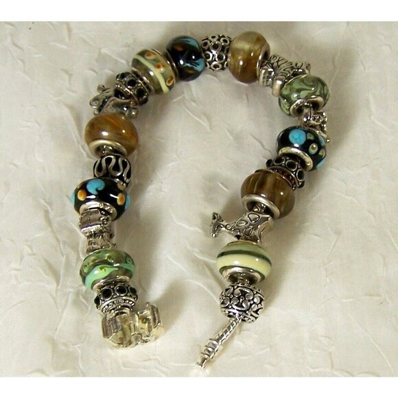 Sterling Silver Charm Bracelet Safari Animals Five Snake Chain 10 Glass Beads - Picture 2 of 6